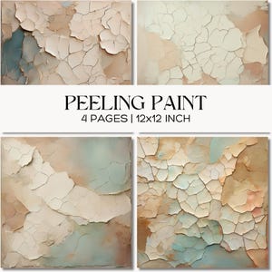 May include: Four square prints with a peeling paint design. The artwork features a palette of beige, brown, and blue-green hues. The text "PEELING PAINT" is displayed above the prints, with the dimensions of 30x30 cm.