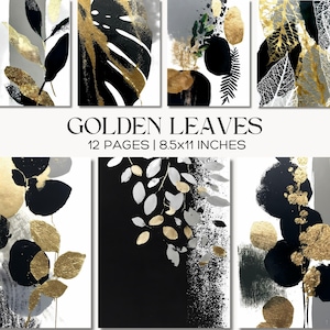 Modern Black and Gold Botanical Collage, Abstract Gold Leaf Digital Paper, Luxury Tropical Junk Journal Pages for Glam Scrapbooking & Crafts