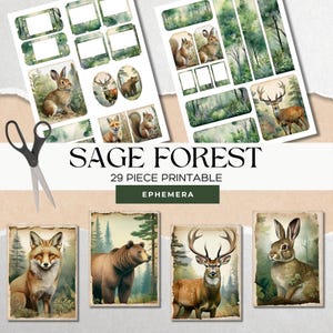 Paquete de efímeras de Sage Forest, tarjetas imprimibles para diario basura, etiquetas vintage de bosque, kit de collage inspirado en la naturaleza, kit de diario basura