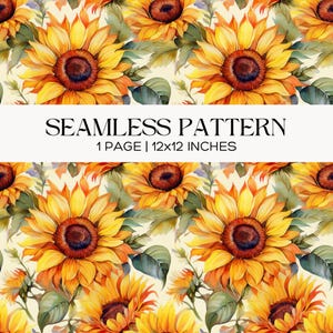 Könnte beinhalten: Nahtloses Aquarellmuster mit Sonnenblumen in Gelb, Orange und Braun, mit grünen Blättern. Der Text "SEAMLESS PATTERN" wird über "1 PAGE | 30x30 cm" angezeigt.