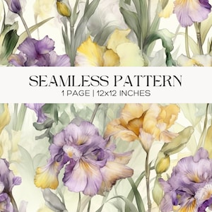 Wild Iris Seamless Pattern, Purple and Yellow Floral Digital Paper, Elegant Botanical Background for Fabric, Scrapbooking and Crafts