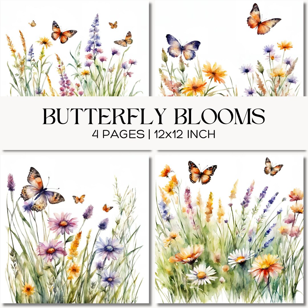 Watercolor Butterfly Meadow Digital Paper, Wildflower Floral Junk ...