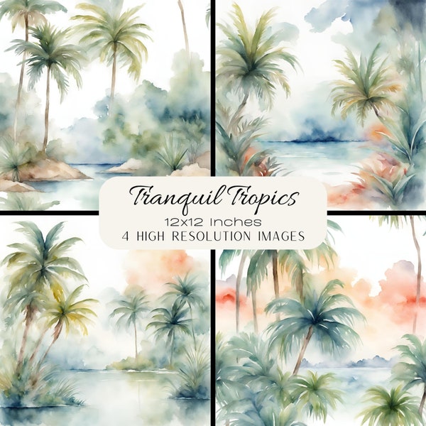 Tranquil Tropics Watercolour Digital Paper Set of 4 Prints, Tropical Backgrounds, Scrapbook Paper, Digital Wall Art Prints, Tropical Paper