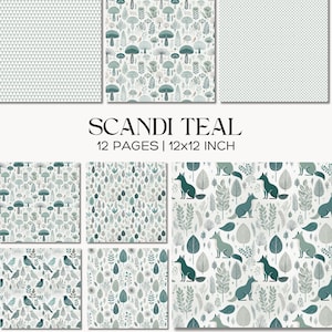 Scandi Teal Digital Paper Pack, Nordisches Fuchs und Wald Scrapbook Papier, minimalistische Teal Woodland Hintergründe für Junk Journals, Kartenherstellung