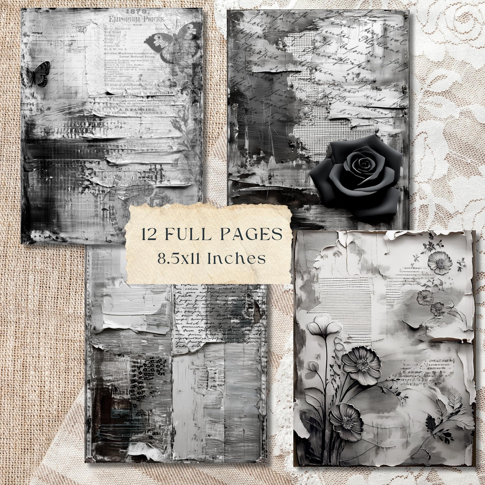 Black & White Distressed Junk Journal Pages, Grunge Textured Ephemera ...