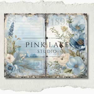 May include: A vintage-style journal spread with a light blue and cream color scheme. The design features floral illustrations, the text "PINK LAKE STUDIO", and the numbers "55" and "1895". The overall aesthetic is reminiscent of antique ephemera.