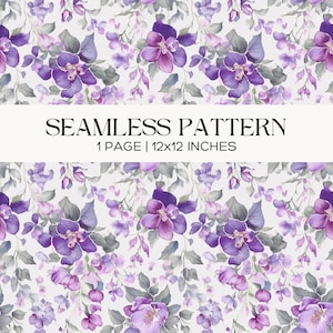 Violet Seamless Pattern, Purple Floral Repeat Design, Watercolor Romantic Botanical Lilac Flowers Background