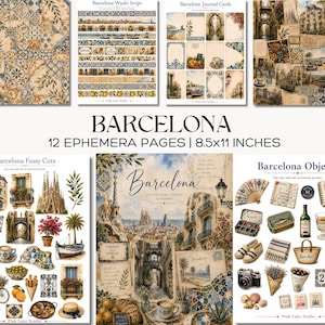 May include: A collection of 12 ephemera pages titled Barcelona, measuring 8.5x11 inches. The set includes sheets with washi strips, journal cards, fussy cuts, and various objects featuring Mediterranean-inspired tile patterns, cityscapes, and local motifs.