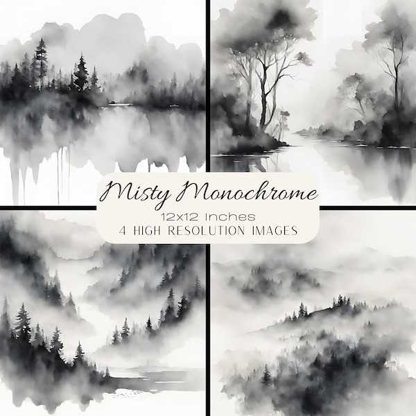 Misty Monochrome Black and White Watercolour Prints, Forest Lake Painting, Monochrome Printable Backgrounds, Digital Paper Pack 12x12 Inches