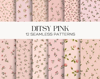 Ditsy Rose Floral Seamless Patterns, Pink Watercolor Digital Paper Pack, Small Rosebud Flowers
