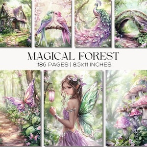 Può includere: Una collezione di stampe artistiche fantasy a tema "Foresta Magica". Le stampe presentano illustrazioni di una fata, uccelli, un pavone, un ponte e funghi. Il testo sull'immagine recita "MAGICAL FOREST 186 PAGINE | 21,6x27,9 CM."