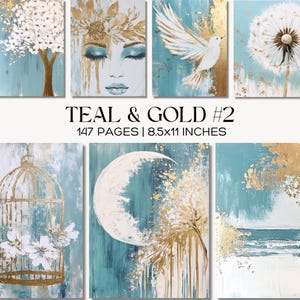 Abstract Gold & White Painted Textures Digital Paper Set, Printable Junk Journal Grunge Teal Backgrounds