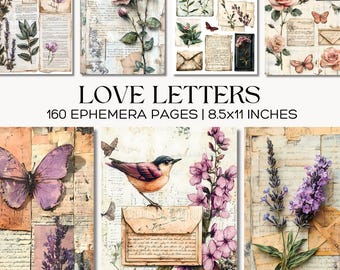 Love Letters Junk Journal Pages Printable Romantic Floral Ephemera with Vintage Letters and Envelopes