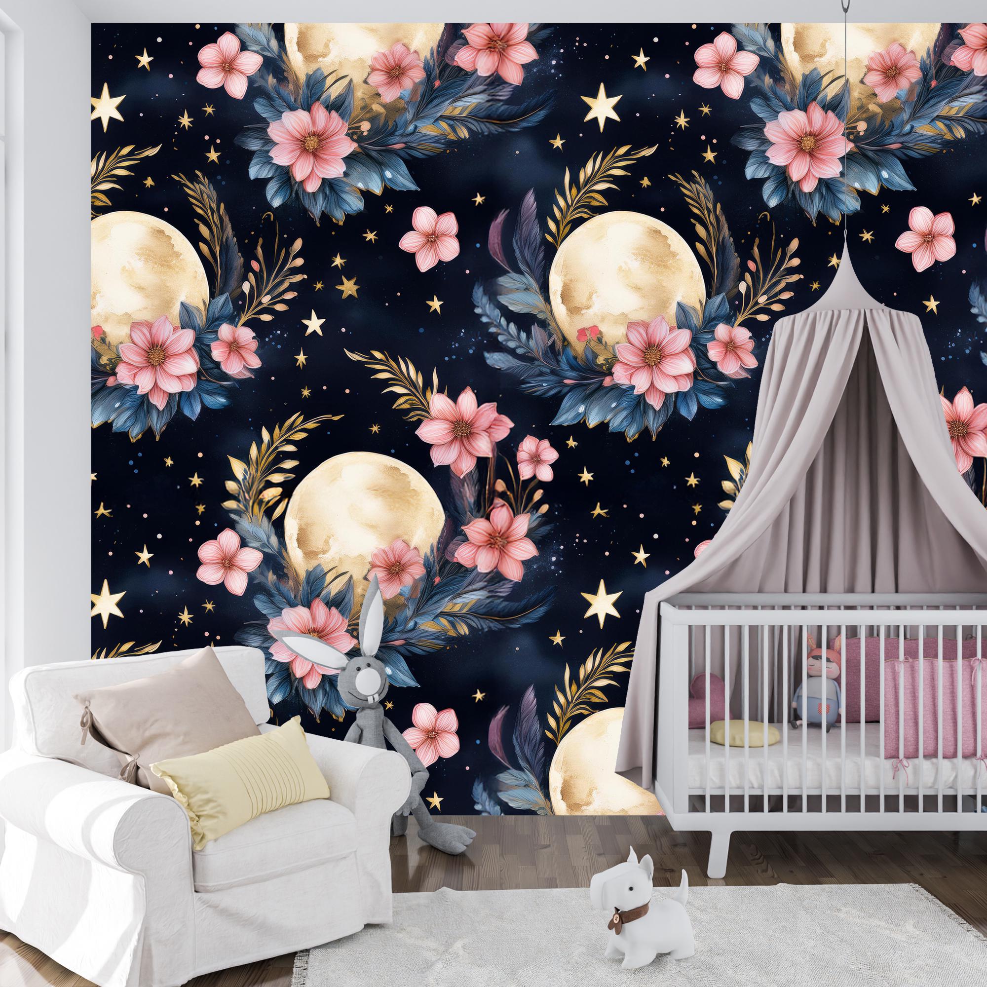 Moon and Stars Seamless Floral Pattern, Celestial Night Sky Background ...