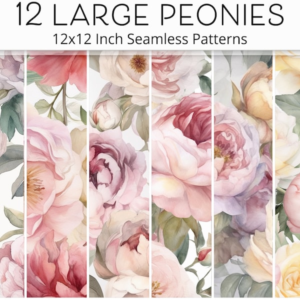 Large Pastel Peonies Seamless Pattern, DIY Gift Wrapping Paper Floral, Surface Pattern, Continuous Print Digital Paper, Peony Backgrounds