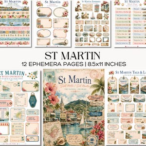 Puede incluir: Un conjunto de 12 páginas de efímera de 21,59x27,94 cm con temática de San Martín. El set incluye tiras washi, marcos, tiras de palabras, etiquetas y rótulos con ilustraciones tropicales, paisajes costeros y tipografía vintage.