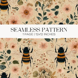 May include: Seamless pattern with bees, flowers, and foliage in beige, pink, and green. The design includes the text "SEAMLESS PATTERN" and "1 PAGE | 12x12 INCHES" (approx. 30.5 x 30.5 cm).