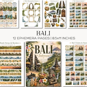 Può includere: Un set di 12 pagine di effimera di 21,6x27,9 cm con disegni a tema Bali, inclusi tag, etichette, cornici decorative, ritagli, biglietti, francobolli e strisce washi con illustrazioni di templi, paesaggi e flora.