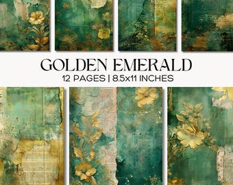 Golden Emerald Junk Journal Pages, vintage groen plakboekpapier (digitale download)