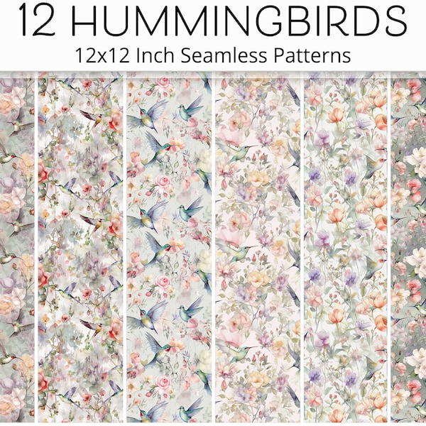 Hummingbird Seamless Pattern, Floral Watercolor Digital Paper for Scrapbooking, Planners, Papercrafting