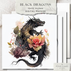 Dark Fantasy Black Dragon Art Prints, Gothic Watercolor Dragon Medieval, Set of 5 Mystical Dragon Illustrations, Fantasy Creature Wall Art