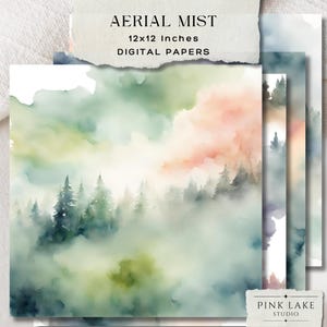 Aerial Mists Digital Paper, Watercolor Foggy Forest Background Prints, 12x12 Scrapbook Paper, Junk Journal Pages, Digital Printable Wall Art