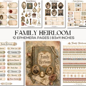 以下が含まれることがあります： Family Heirloomと題された12枚のエフェメラページのセットで、サイズは21.6x27.9cmです。このセットには、肖像画、装飾的なフレーム、アンティークの鍵、レース、バラ、ワックスシール、テキスト付きのラベルなど、ヴィンテージスタイルのイラストが含まれています。