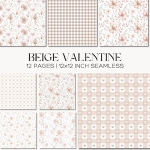 Papel digital beige de San Valentín con corazones florales neutros y patrones geométricos.