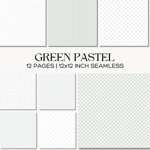 Könnte beinhalten: Sechs nahtlose digitale Papiere mit sich wiederholenden Mustern in Grün und Weiß, darunter Punkte, Streifen und ein Vichy-Muster. Der Text "GREEN PASTEL" und "12 PAGES | 12x12 INCH SEAMLESS" sind zu sehen. Jedes Papier misst 30,48 cm x 30,48 cm.