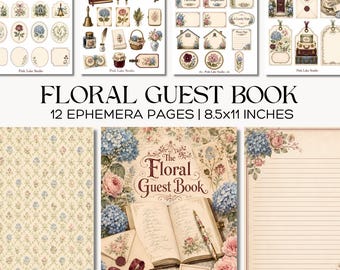 Floral Guest Book, Junk Journal Printable Kit, Grandmillennial Hydrangea Rose Ephemera, Vintage Cottage