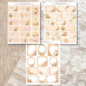 May include: Three sheets of elegant birthday-themed stickers, labels, and frames. The designs feature soft pink and beige tones with floral accents, cakes, and celebratory text like "Happy Birthday" and "Celebrate your day". Ideal for journaling and crafts.