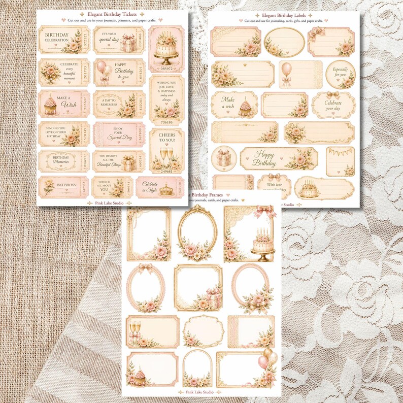 May include: Three sheets of elegant birthday-themed stickers, labels, and frames. The designs feature soft pink and beige tones with floral accents, cakes, and celebratory text like "Happy Birthday" and "Celebrate your day". Ideal for journaling and crafts.
