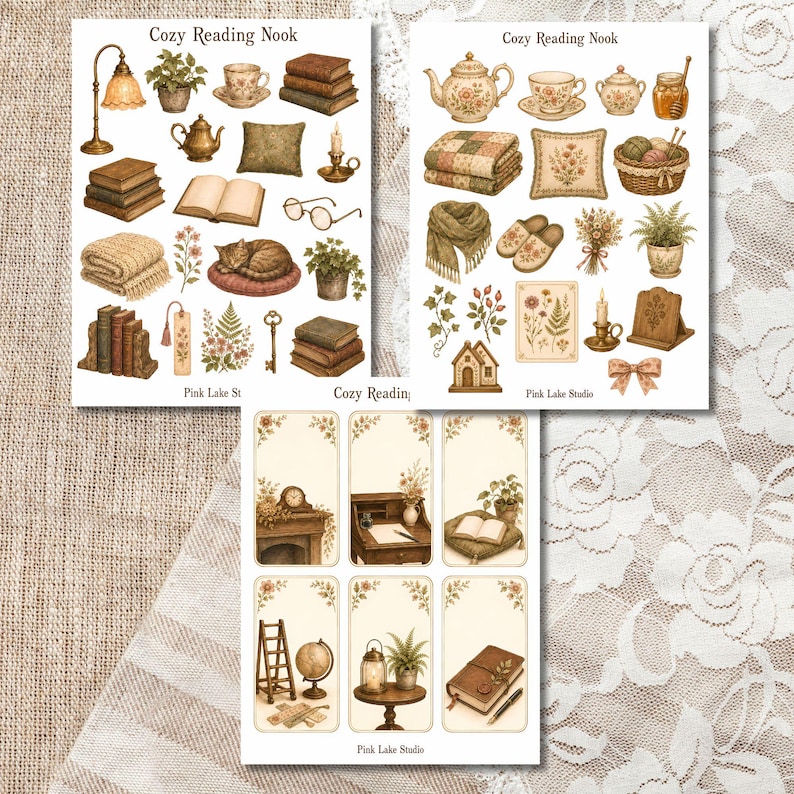 May include: Three sticker sheets titled Cozy Reading Nook featuring illustrations of books, teapots, teacups, candles, plants, a sleeping cat, a quilt, a basket of yarn, a scarf, slippers, a globe, a desk, a fireplace, and various botanical elements.