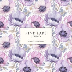 Padrão de anêmonas sem costura, papel digital com padrão repetido, fundo floral rosa roxo, papel para scrapbook, uso comercial, arquivos de impressão têxtil