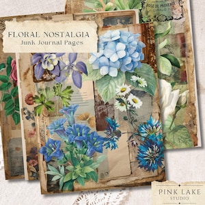 Pages de journal indésirable nostalgie florale, éphémères botaniques vintage, papier pour collage floral, kit de scrapbooking imprimable, paquet de papier shabby chic