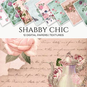 Shabby Chic digitales Papier, Vintage Rosen Junk Journal Seiten, Blumen Scrapbook Papier, rosa Shabby Chic Hintergründe, grünes bedruckbares Papier