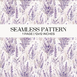 Op de afbeelding: Naadloos patroon met lavendel takjes in paarse en groene tinten op een witte achtergrond. Het ontwerp bevat de tekst "SEAMLESS PATTERN" en "1 PAGE | 30,48x30,48 cm".