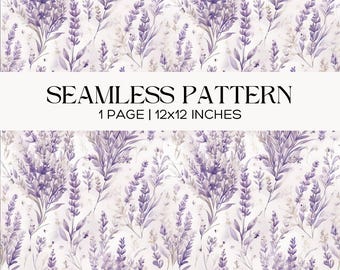 Lavender Watercolor Seamless Pattern, French Provincial Floral Digital Paper, Purple Flower Fabric Surface Print