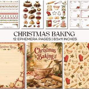 Op de afbeelding: Een set van 12 kerst-bak-ephemera pagina's van 21,6x27,9 cm, met illustraties van vakantiedesserts, keukengerei, receptenkaarten en patronen met peperkoekmannetjes, deegrollers en rode ovenwanten.
