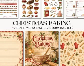 Christmas Baking Ephemera, Printable Recipe Kitchen Junk Journal Kit, Holiday Baking Scrapbook Pages