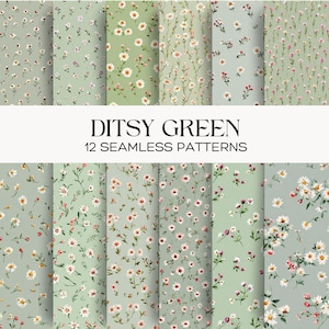 Ditsy Green Seamless Patterns, Tiny Floral Digital Paper, Small Daisy Print Scrapbook Fabric Backgrounds