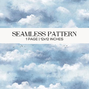 May include: Seamless pattern featuring a watercolor design of a cloudy sky in shades of blue and white. The design includes small black birds. The text "SEAMLESS PATTERN" and "1 PAGE | 12x12 INCHES" is displayed.