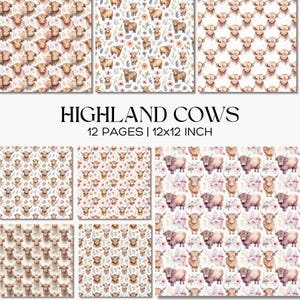 Highland Cow Watercolor Patterns, Floral Heifer Digital Paper, Rustic Farmhouse Scrapbook Paper, Boho Nursery Printable Fabric Design