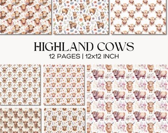 Highland Cow Watercolor Patterns, Floral Boho Heifer Digital Paper, Rustic Farmhouse Scrapbook Paper