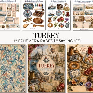 Pode incluir: Um conjunto de 12 páginas de efêmera de 21,6x27,9 cm com ilustrações de temática turca, incluindo papel marmorizado, café, romãs, balões de ar quente, arquitetura histórica e artesanato tradicional para projetos de papel.