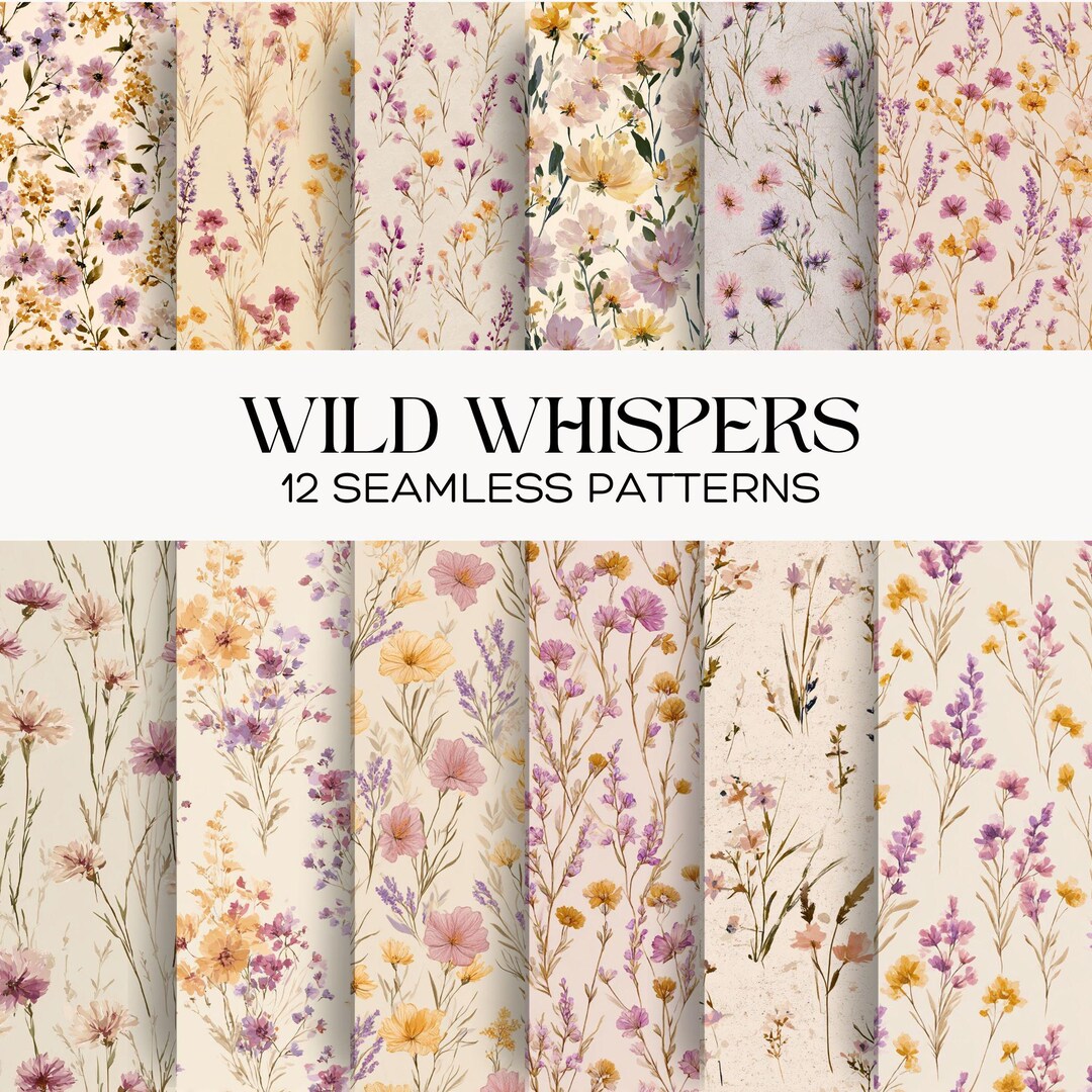 Seamless Pattern Wildflower Digital Paper Set, Boho Meadow, Romantic ...