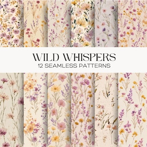 May include: Twelve seamless floral patterns in watercolour style, featuring yellow, pink, and purple flowers. The image includes the text "WILD WHISPERS" and "12 SEAMLESS PATTERNS" in black.