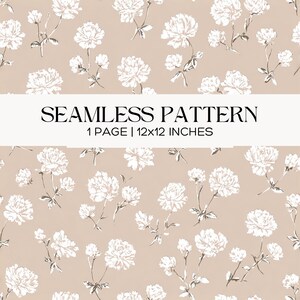 White & Beige Floral Seamless Pattern, Minimalist Botanical Illustration, Stationery, Journals, Planners, Scrapbooking