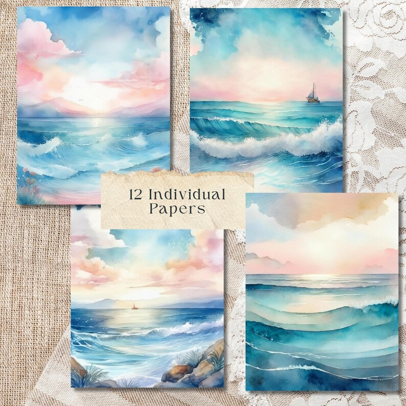 Watercolor Ocean Digital Paper, Coastal Scrapbooking Pack, Seascapes ...