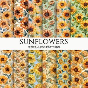 Papier numérique sans couture aquarelle tournesols, paquet de papier de scrapbooking floral jaune, arrière-plans de ferme rustique, kit de journal indésirable à imprimer